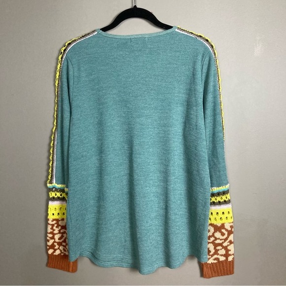 Easel sweater "Indiana Dunes"‎ blue crochet mixed print knit sleeves size medium - Picture 3 of 9